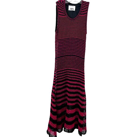 Zara  Studio Red Black Linen Maxi Long Knit Crochet Dress Sz M - Picture 11 of 16